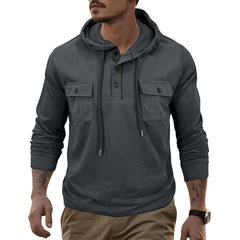 Men's Stylish Hooded Henley Sweatshirt with Functional Pockets - Perfect for Casual Wear