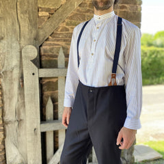 White Collarless Long-Sleeve Shirt for Men - Vintage Stripe Pattern, Casual Daily Tops