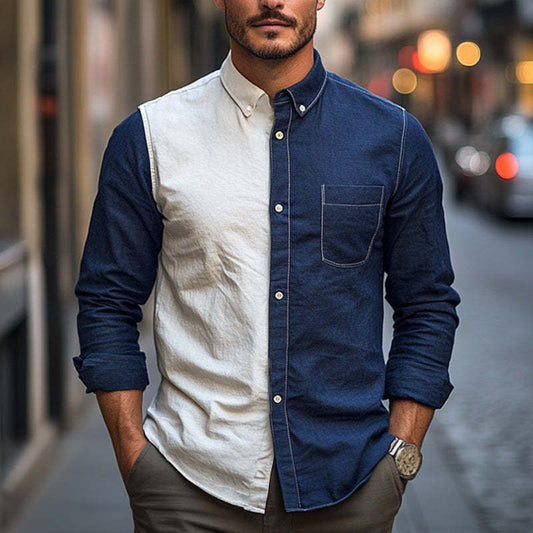 Men's Spring And Autumn Cotton And Linen Contrast Color Stitching Shirt MTA2581C7U