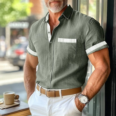 Men's Casual Cotton Linen Plaid Patchwork Lapel Slim Short-Sleeved Shirt MTA3116C3M