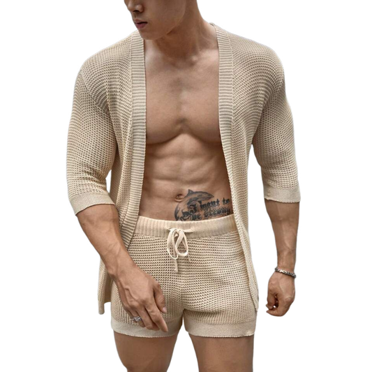 Men's Casual Mid-Sleeve Cardigan Elastic Waist Shorts Knitted Set MTA2227C5M