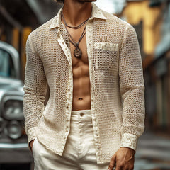 Men's Retro Casual Irregular Mesh Fabric Lapel Long Sleeve Shirt MTA2542C0TO