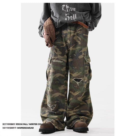 Camouflage Cargo Pants with Distressed Details for Women - Fall/Winter Fashion