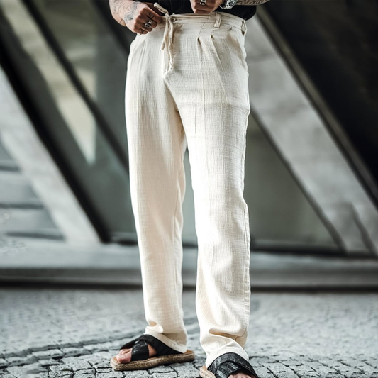 Men's Solid Cotton And Linen Mid Waist Straight Casual Pants MTA0115D4Z