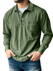 Men's Casual Long Sleeve Button-Up Polo Shirt with Chest Pocket