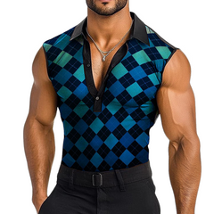 Men's Casual Diamond Mesh Print Lapel Tank Top MTA0974D1TO