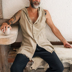 Men's Classic Retro Casual Cotton And Linen Hooded Tank Top 95632794K