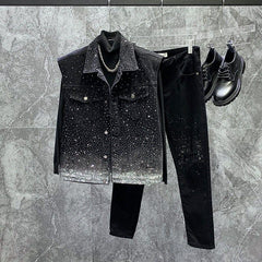 Sparkling Black Denim Jacket and Pants Set - Perfect for Night Out and Fashion Events