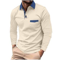 Men's Stylish Long Sleeve Polo Shirt with Contrast Collar and Pocket Design