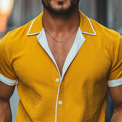 Men's Spring And Summer Fashion Slim Contrast Color Lapel Tencel Cotton Short Sleeve Shirt MTA0784D1K