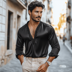 Men's Casual Sexy Lace And Satin Stitching Deep V Neck Long Sleeve Shirt MTA1732C2K