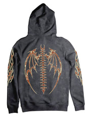 Black Skulls Hoodie With Flame And Bat Wing Design