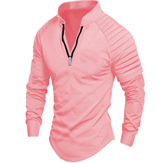 Stylish Men's Black Half-Zip Pullover With Pleated Shoulder Design