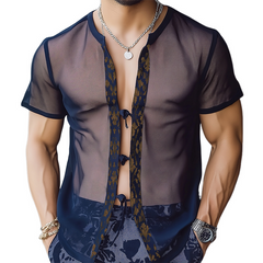 Men's Retro Casual Baroque Print Mesh Tie Short Sleeve Shirt MTA0251D8TO