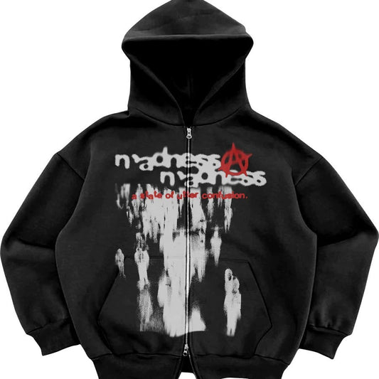 Hooded Sweatshirt with Bold Graphic Design and Zip-Up Closure