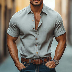 Men's Casual Cotton And Linen Lapel Short Sleeve Shirt MTA0963D7X