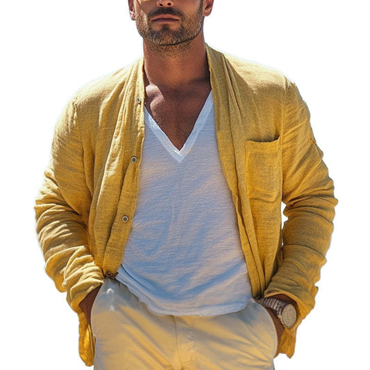 Men's Casual Bright Yellow Cotton And Linen Long Sleeve Shirt MTA1820C7U