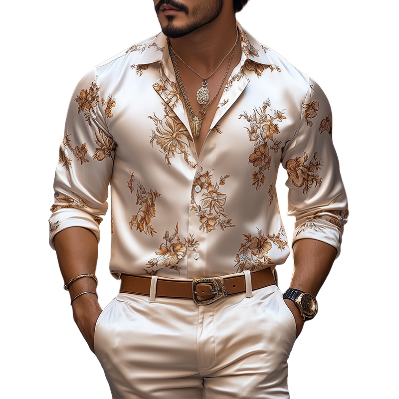 Men's Spring And Summer Fashion Retro Floral Printed Satin Long Sleeve Shirt MTA1867C7K