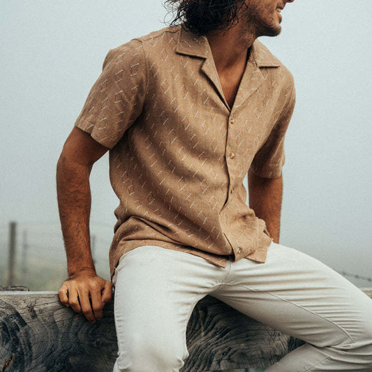 Men's Classic Casual Cuban Collar Cotton And Linen Short Sleeve Shirt 38568829K