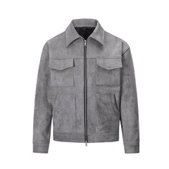 Stylish Gray Jacket With Multiple Pockets And Zipper Closure