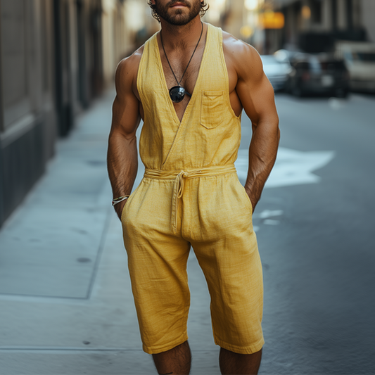 Men's Spring And Summer Fashion Casual Deep V-Neck Cotton And Linen Tank Top Length To Knee Shorts Jumpsuit MTA0964D4K