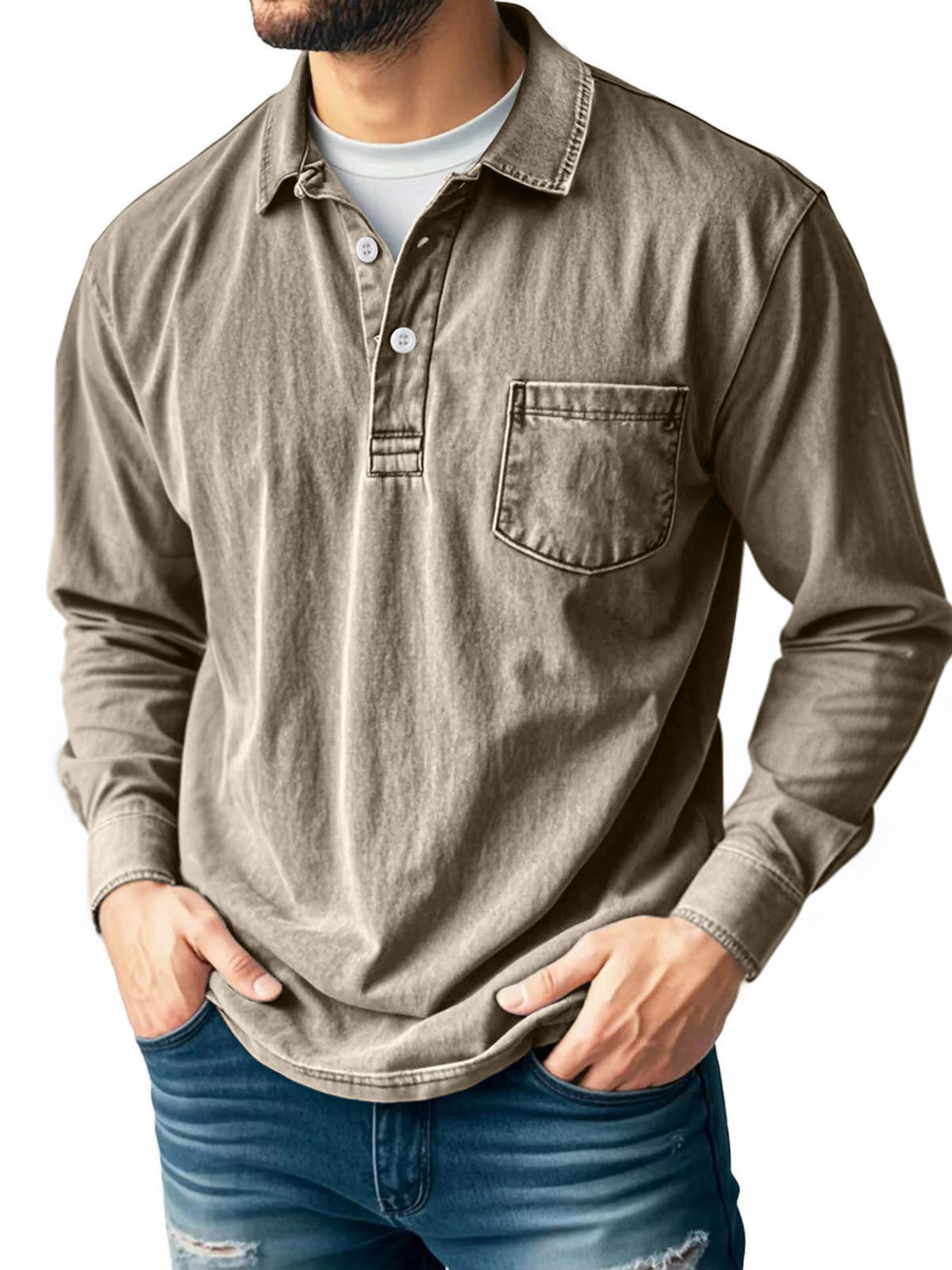 Stylish Men's Long Sleeve Henley Shirt With Chest Pocket