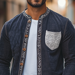 Men's Spring Fashion Retro Lace Splicing Cotton And Linen Long Sleeve Shirt MTA2708C6K