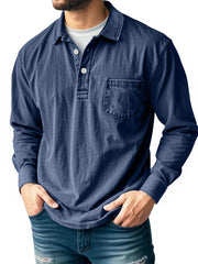 Men's Casual Long Sleeve Button-Up Polo Shirt with Chest Pocket