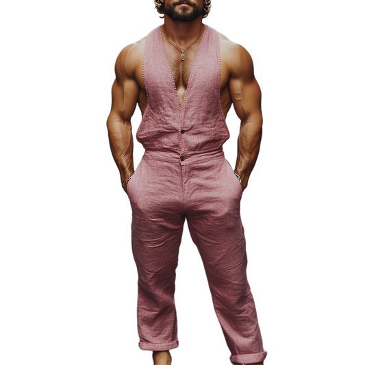 Men's Spring And Summer Fashion Casual Deep V-Neck Cotton And Linen Tank Top Pants Jumpsuit MTA0994D6K