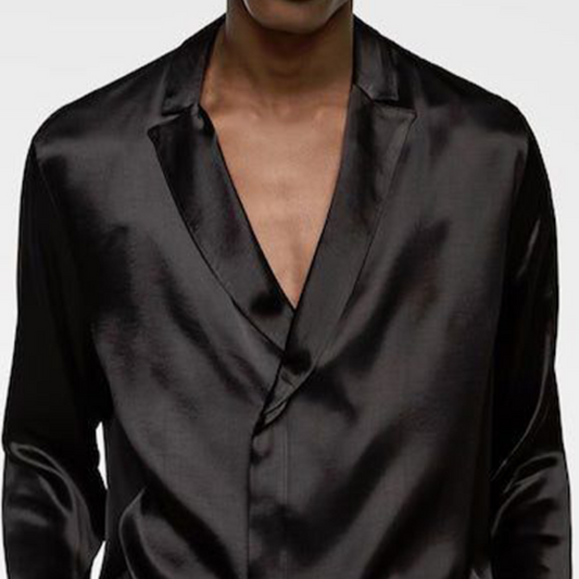 Men's Spring Fashion Deep V Neck Satin Casual Black Long Sleeve Shirt MTA0137D6K