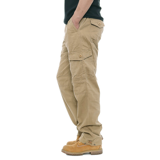 Men's Vintage Outdoor Tactical Cotton Elastic Waist Multi-Pocket Loose Cargo Pants