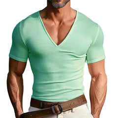 Men's Solid Color Knitted V-Neck Casual Short Sleeve T-Shirt MTA0368D9X