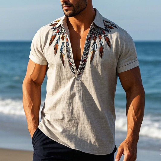 Men's Vintage Feather Embroidered Pullover Short Sleeve Shirt MTA2596C7X