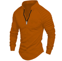 Stylish Men's Black Half-Zip Pullover With Pleated Shoulder Design