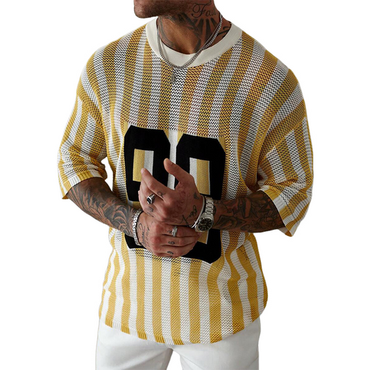 Men's Striped Monogram Jacquard Short-Sleeved Knitted T-Shirt MTA2807C5X