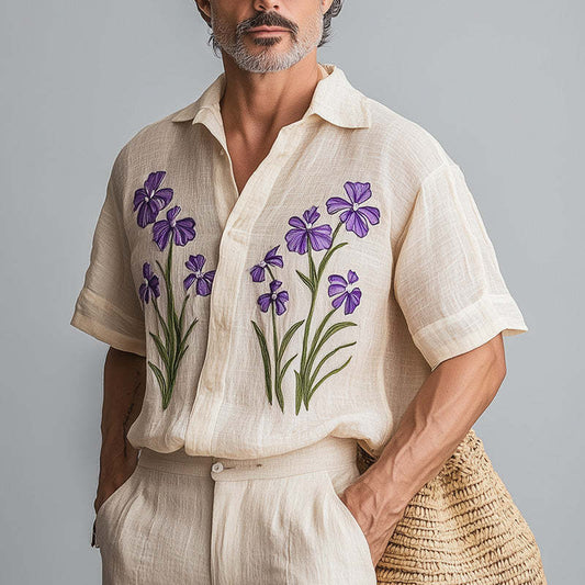 Men's Spring Fashion Retro Embroidered Cotton And Linen Short Sleeve Shirt MTA0906D9P