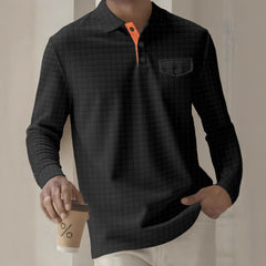 Quilted Black Henley Shirt With Orange Collar Detail For Men