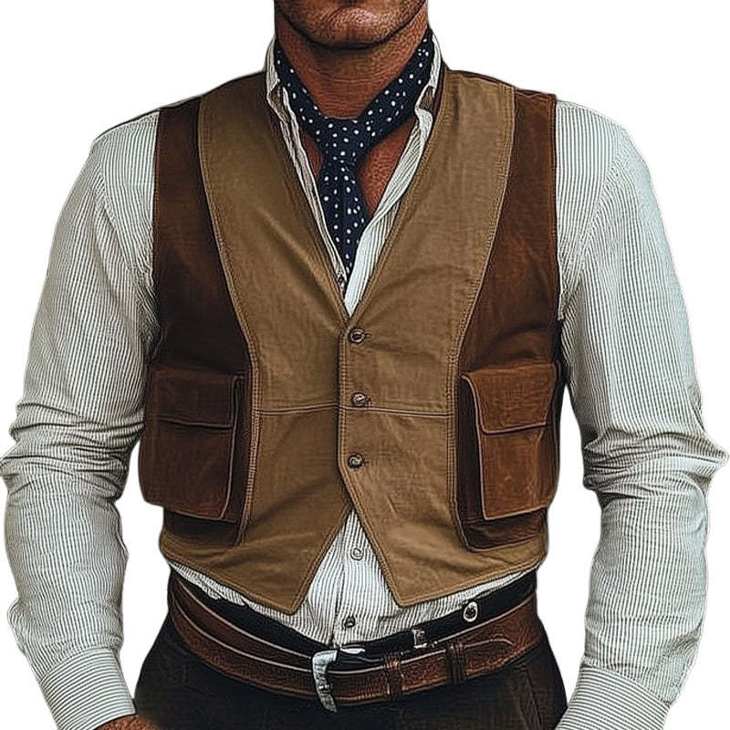 Men's Three-Button Brown Suede Colorblock Vest MTA0265D8U