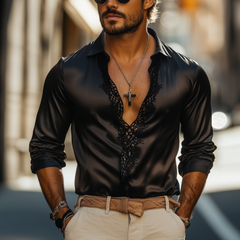 Men's Casual Slim Fit Sexy Lace And Satin Stitching Deep V Neck Long Sleeve Shirt MTA1711C8K