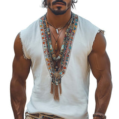 Men's Summer Retro Deep V Neck Embroidered Tank Top MTA0981D3U