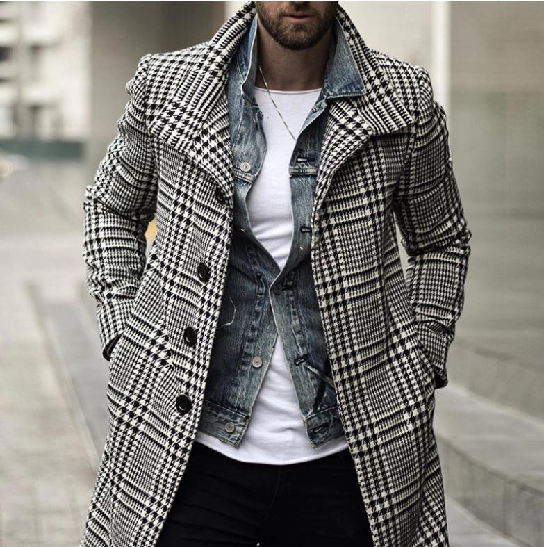 Men's Retro Classic Casual Double Breasted Knee-Length Houndstooth Coat 00944809K
