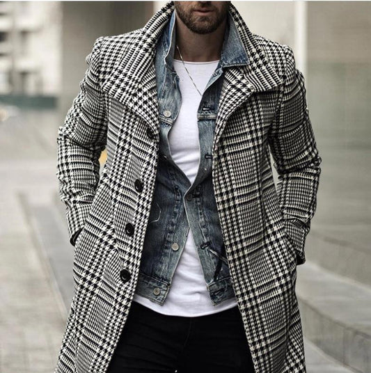 Men's Retro Classic Casual Double Breasted Knee-Length Houndstooth Coat 00944809K