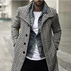 Men's Retro Classic Casual Double Breasted Knee-Length Houndstooth Coat 00944809K
