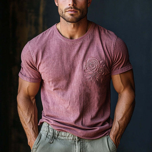 Men's Retro Washed Rose Embroidered Short Sleeve T-Shirt MTA2561C1X