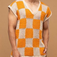 Men's Casual V-Neck Check Jacquard Breathable Loose Knitted Tank Top MTA0747D1M