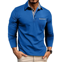 Men's Stylish Long Sleeve Polo Shirt with Plaid Collar Detail