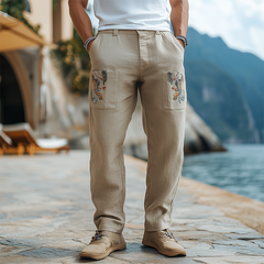 Men's Spring And Summer Retro Personalized Cotton And Linen Embroidered Casual Pants MTA2010C2K