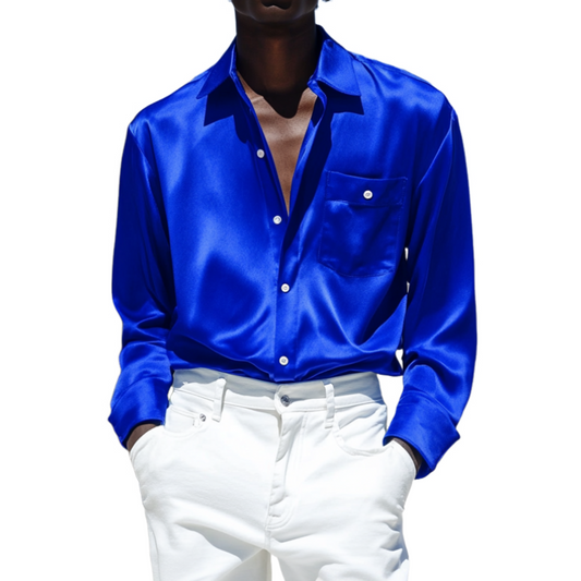 Men's Vintage Satin Lapel Patch Pocket Loose Long Sleeve Shirt MTA0286D0M