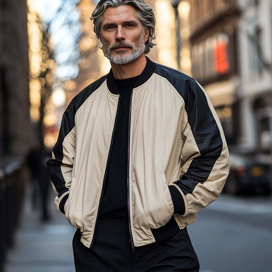 Men's Retro Black Camel Colorblock Zipper Baseball Jacket 25166445U