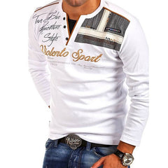 Stylish Long Sleeve Henley Shirt with Embroidered Details for Men